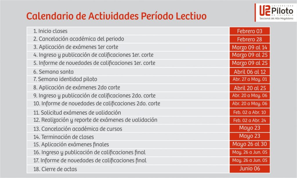 Calendario academico universidad piloto de colombia