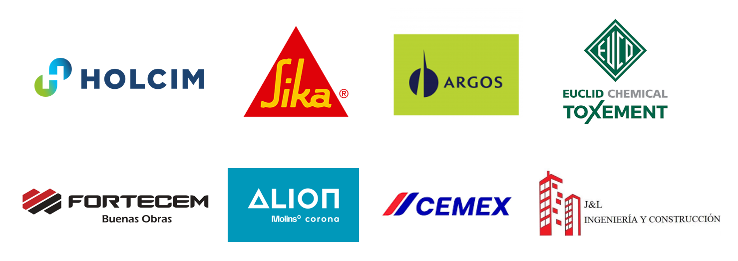 Una barra aliados del evento, con los logos de holcim, sika, argos, fortecem, alion, cemex.