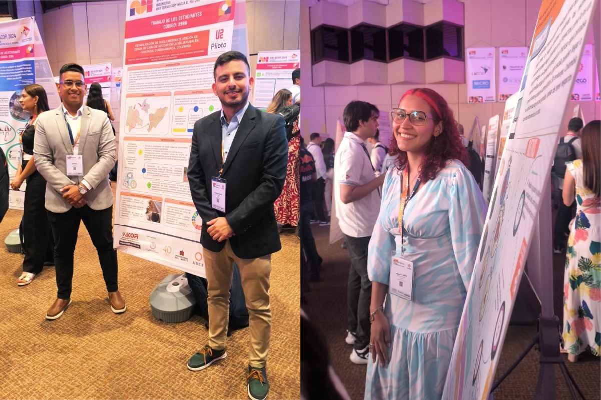 Estudiantes y un docente de la Universidad Piloto de Colombia junto a sus posters, durante las actividades del Encuentro Internacional de Educación en Ingeniería 2024, llevado a cabo en Cartagena de Indias, Colombia.