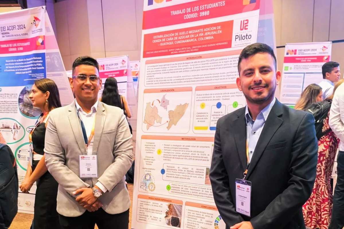 Cristian Liñán Rodríguez, estudiante del programa de Ingeniería Civil; junto al docente, Cristhian David Guzmán Hernández; ambos de la Universidad Piloto de Colombia, participando en una de las actividades durante el Encuentro Internacional de Educación en Ingeniería 2024, llevado a cabo en Cartagena de Indias, Colombia.